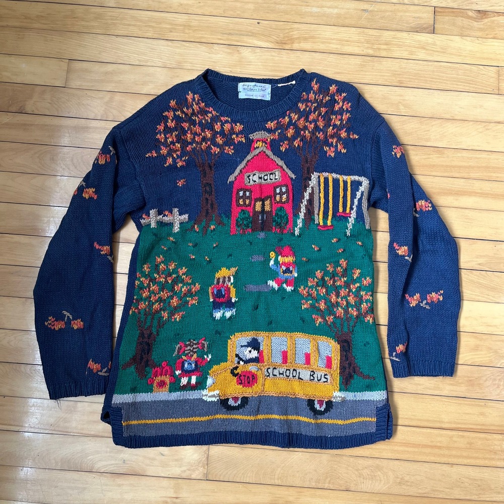 Signatures by Northern Isles Vintage Hand Knit Back to School Sweater Navy Blue